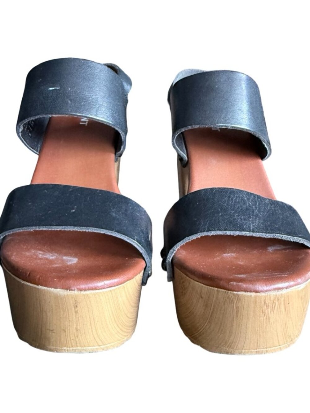 ShoeMint Black Leather Studded Wood Platform Sandals Retro 70s Clogs Size 5 - Picture 2 of 10